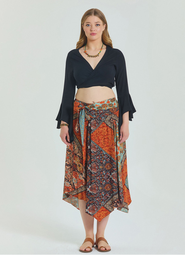 Brown Plus Size Skirt with Waist Tie and Gipe Detail 4593